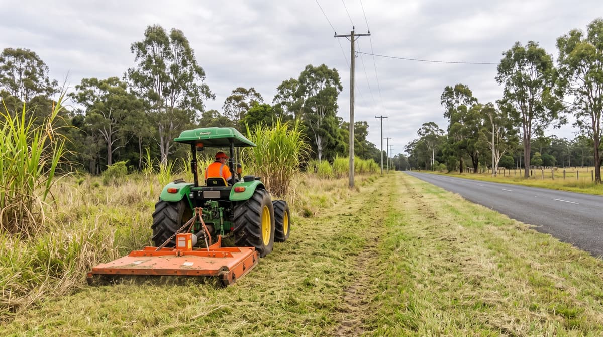 Tractor slashing a grass road corridor in South-East Queensland