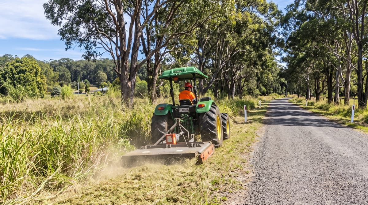 Roadside verge slashing along a rural road